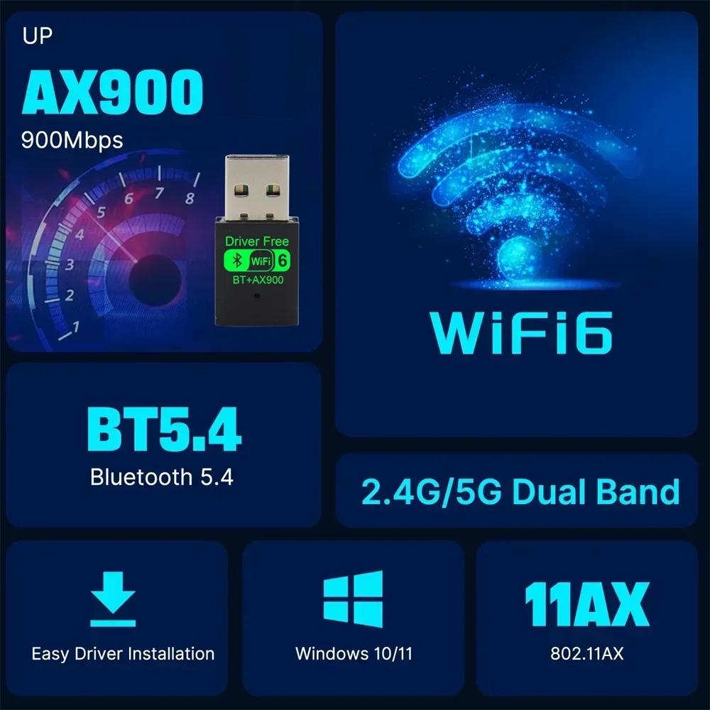 WiFi 6 AX900 Bluetooth 5.4 WiFi USB adaptateur carte réseau sans fil 2.4G et 5GHz Wi-Fi antenne récepteur de Signal pour PC/ordinateur portable Win10/11 FPS Factory