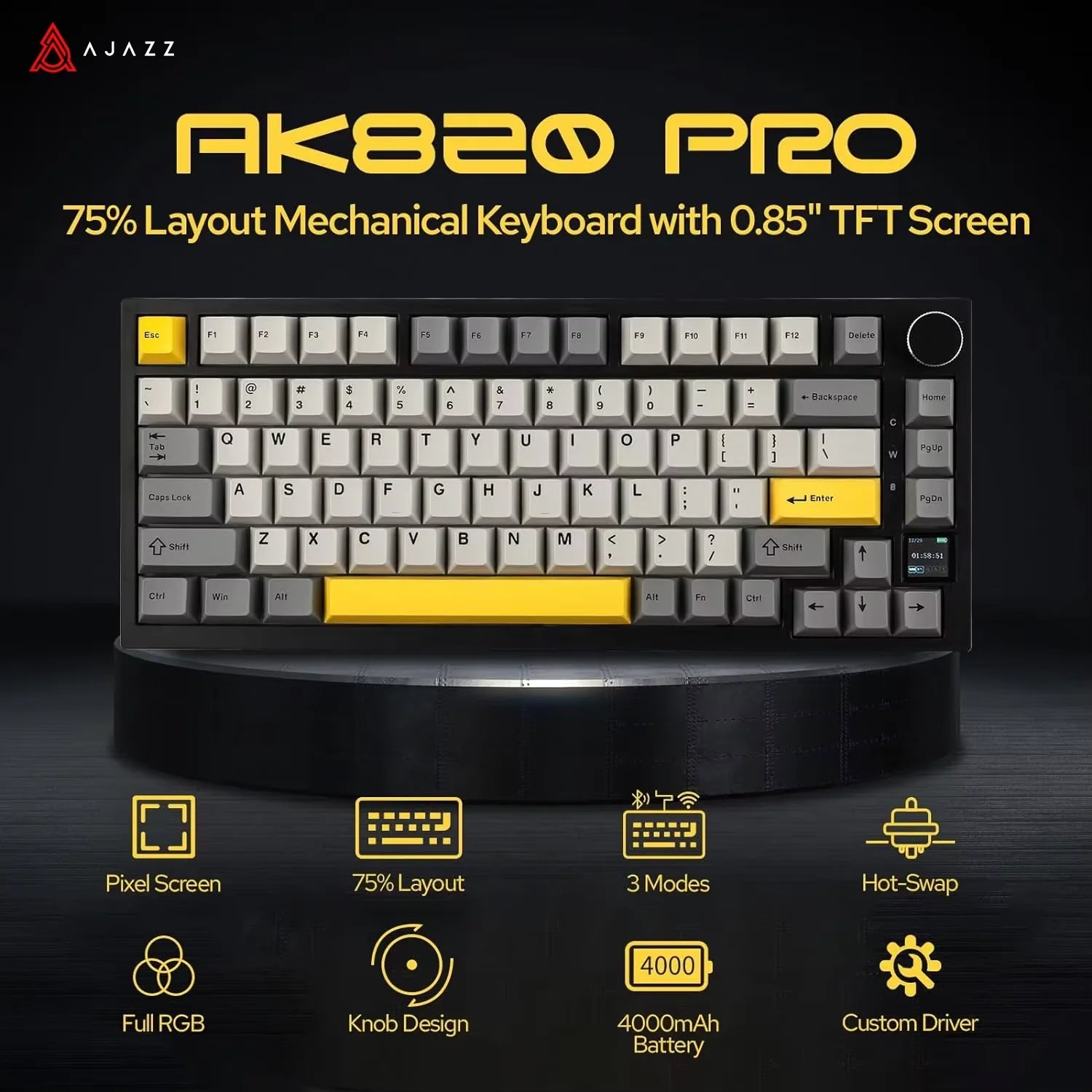 Ajazz AK820/AK820Pro Gaming Mechanical Keyboard Bluetooth 5.1/Wireless/C-Wired Customized Keyboard with Knob Hot Swapping Gasket FPS Factory